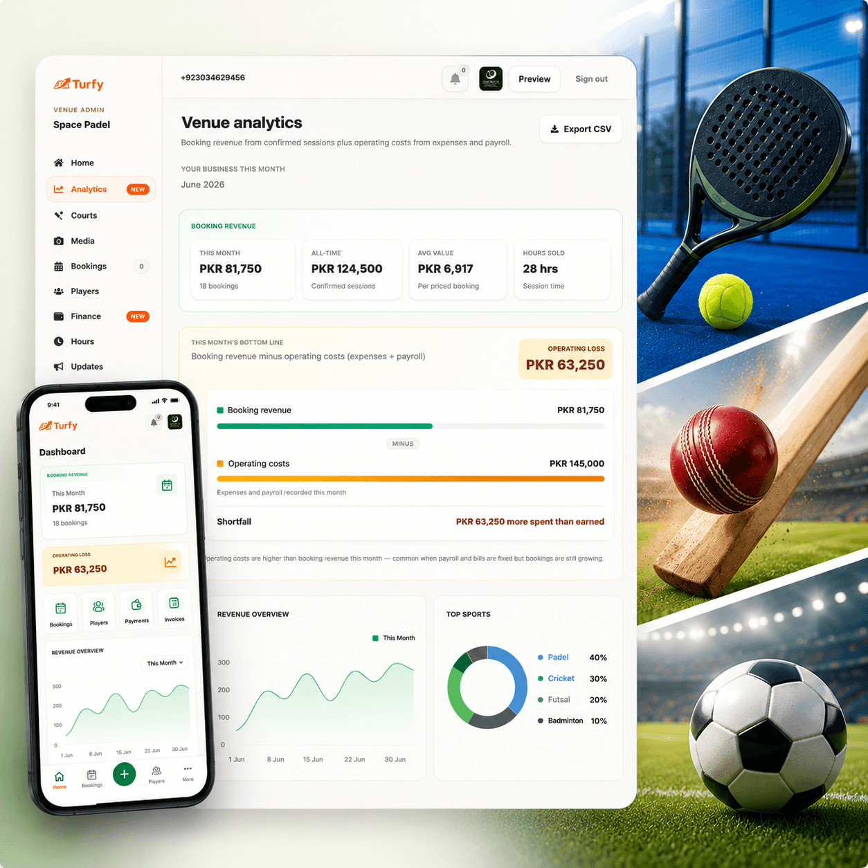 Turfy Venue OS dashboard — bookings, payments, CRM and analytics