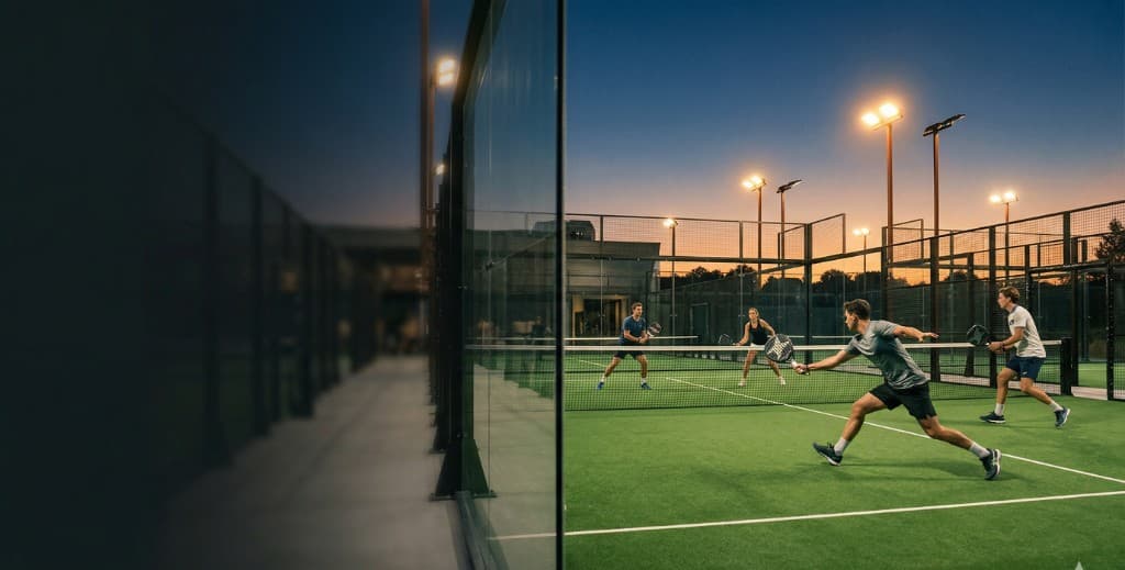 Padel players on a floodlit outdoor court at dusk